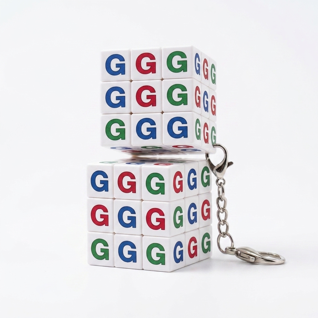 큐브 키링 3x3 두 개 적층 정면 — 파랑·빨강·초록 G 로고 UV인쇄 — IT·스타트업 신입 웰컴키트 판촉물