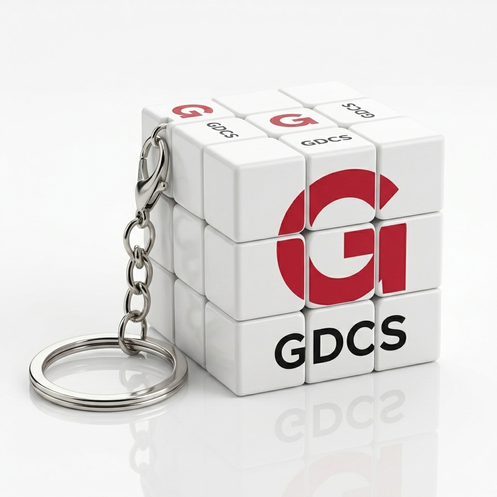 큐브 키링 3x3 측면 사선각도 — 흰색 바디 빨간 G·GDCS 로고 선명 인쇄 — 전시회·세미나 판촉물