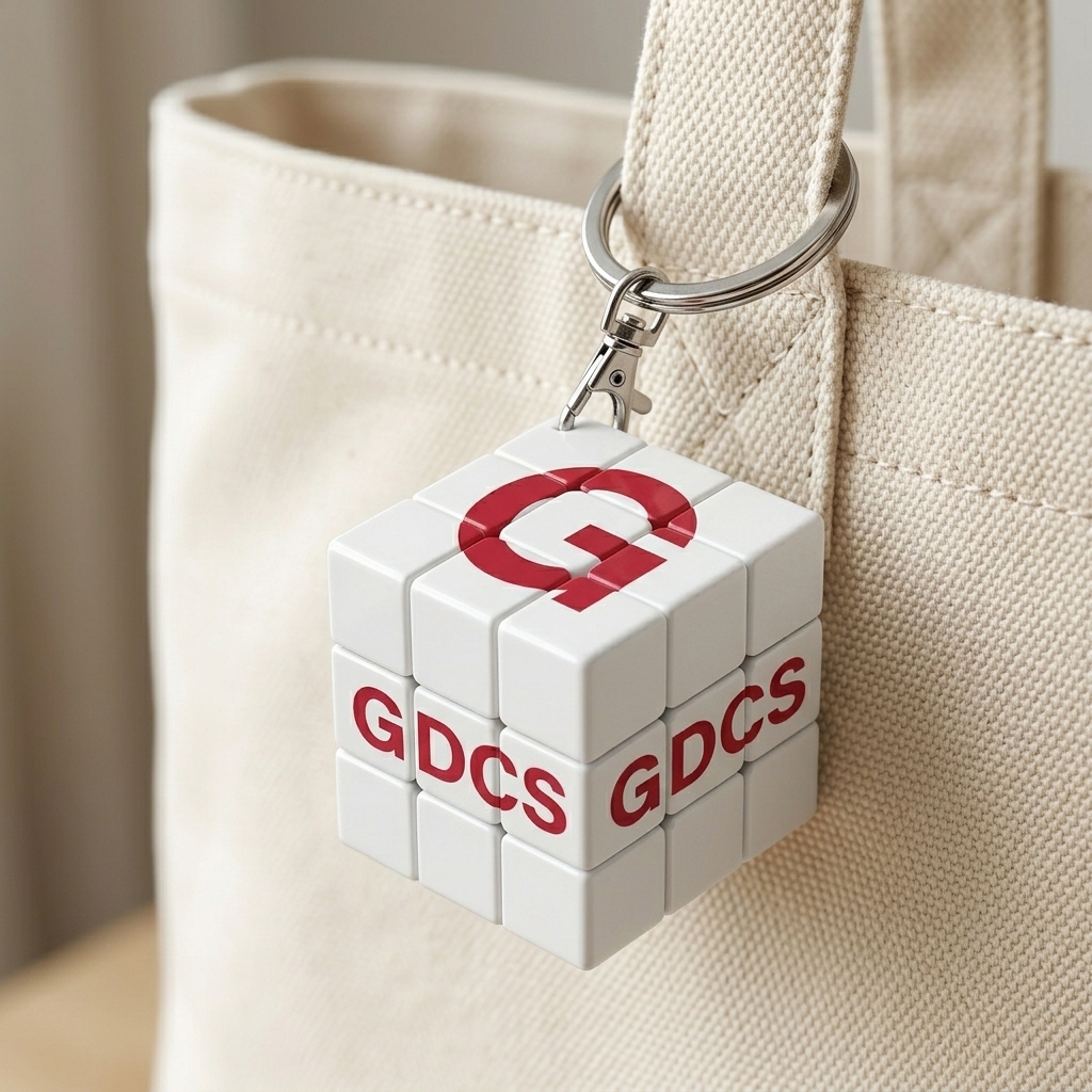 큐브 키링 3x3 에코백 클립 거치 연출 — 흰색 큐브에 GDCS 빨간 로고 — 기업 행사 기념품 커스터마이징