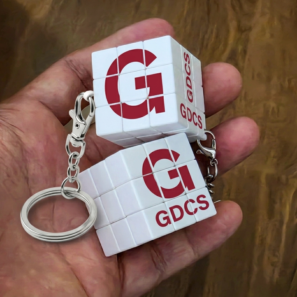 큐브 키링 3x3 손바닥 위 실물 크기 비교 2개 — 빨간 G·GDCS 로고 인쇄 확인 — 관공서·공공기관 기념품 주문제작