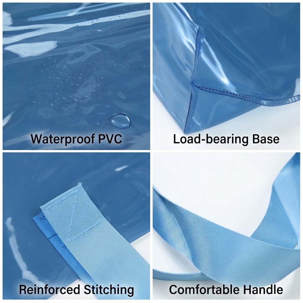 PVC 토트백 소재·봉제·손잡이 디테일 4분할 — 대학·공공기관 행사 판촉물