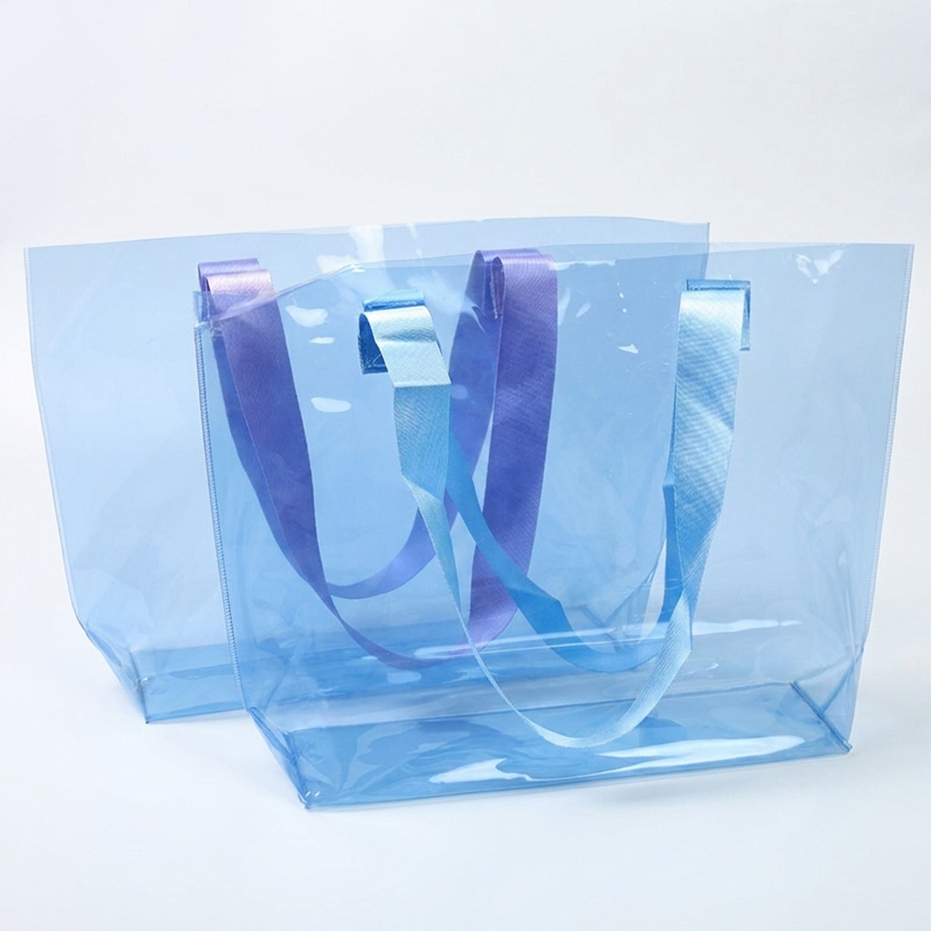 PVC 투명 토트백 블루 대소 2종 손잡이 컬러 — 패션 브랜드 굿즈 주문제작