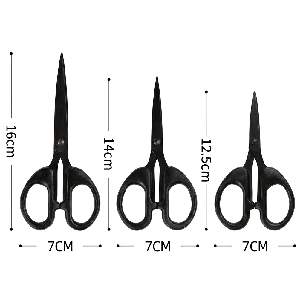 검정 가위 3종 사이즈 비교 16cm·14cm·12.5cm — 학교·교육기관 단체 납품